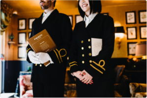 Busy restaurant scene with staff serving customers