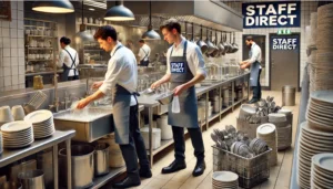 Staff Direct logo with kitchen porters in the background