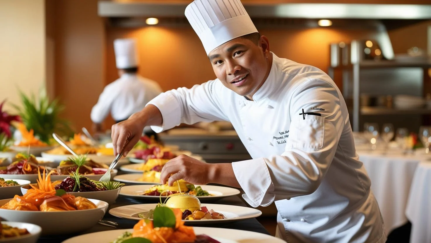 Banqueting chef preparing multiple elaborate dishes simultaneously