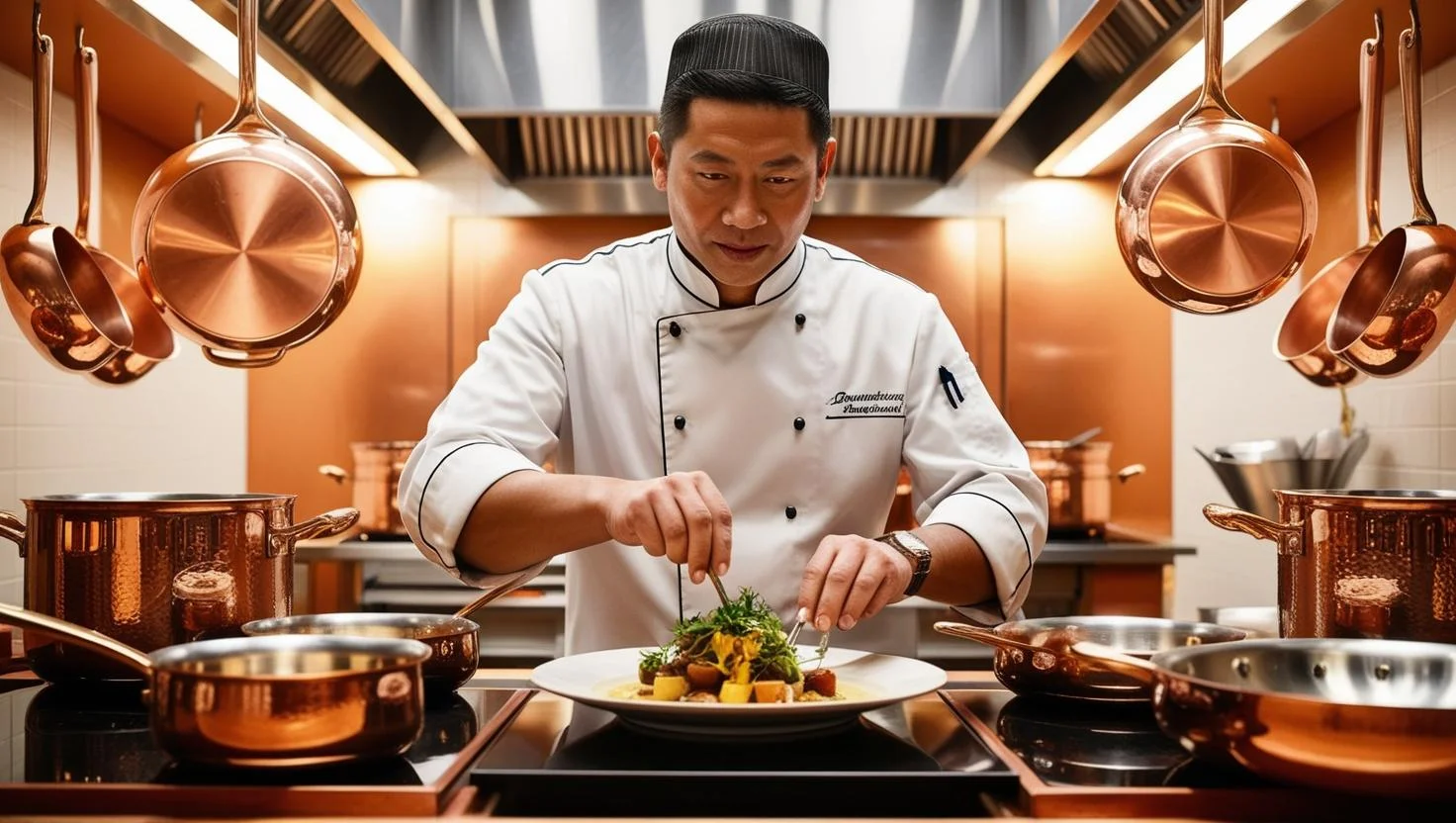 Chef working efficiently in a busy professional kitchen during service