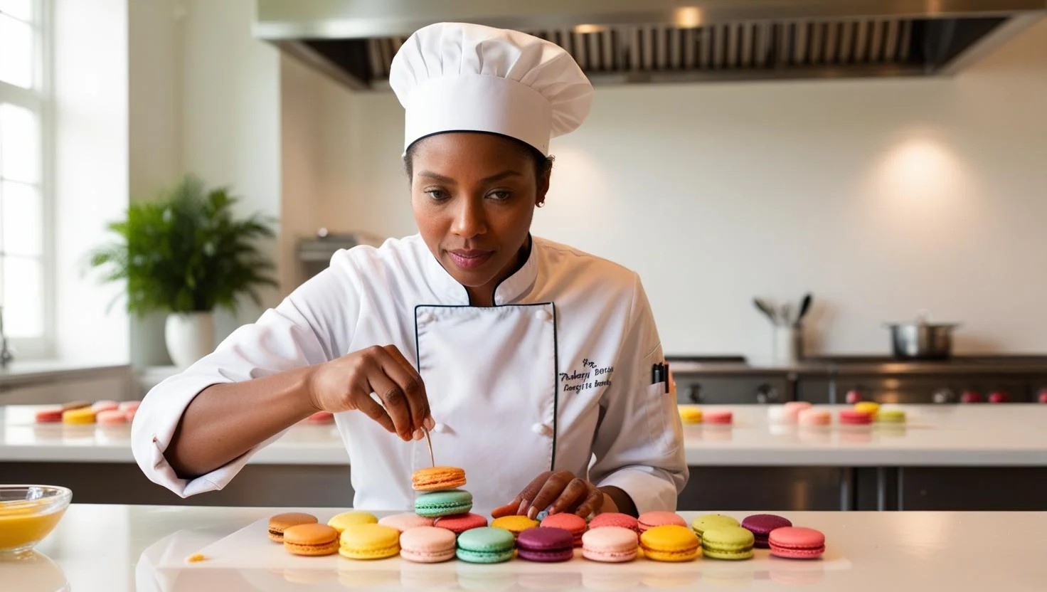 Pastry chef creating elaborate dessert decorations with precision