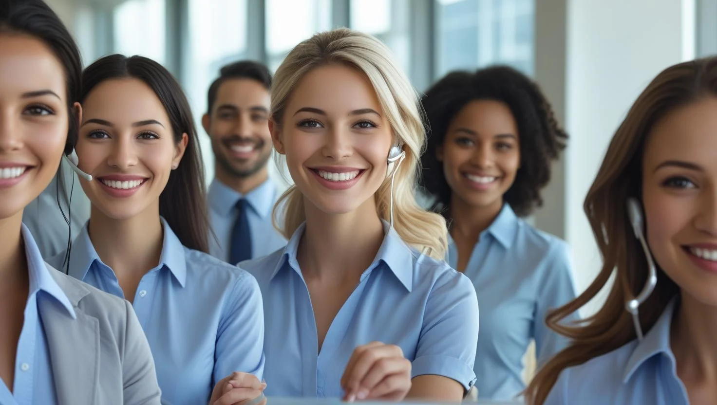 A smiling female call centre representative in a bright, modern call centre environment, showcasing the quality of candidates from Staff Direct.