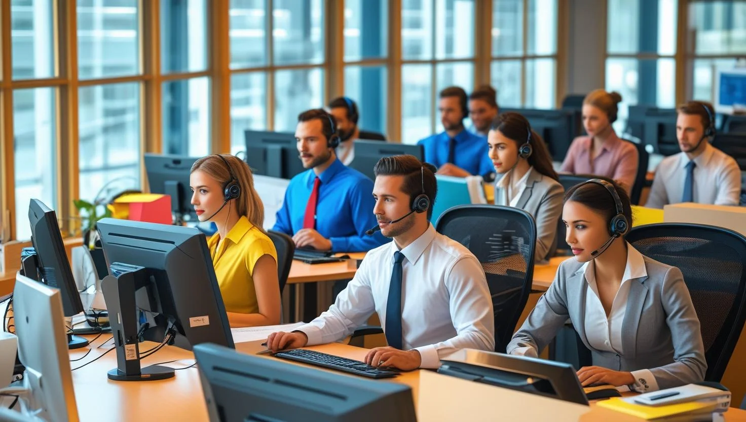 A team of professional call centre agents working in a modern London office, provided by Staff Direct.