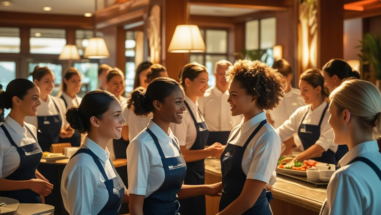 A smiling waiter attending to a table of happy customers in a bright and busy restaurant.