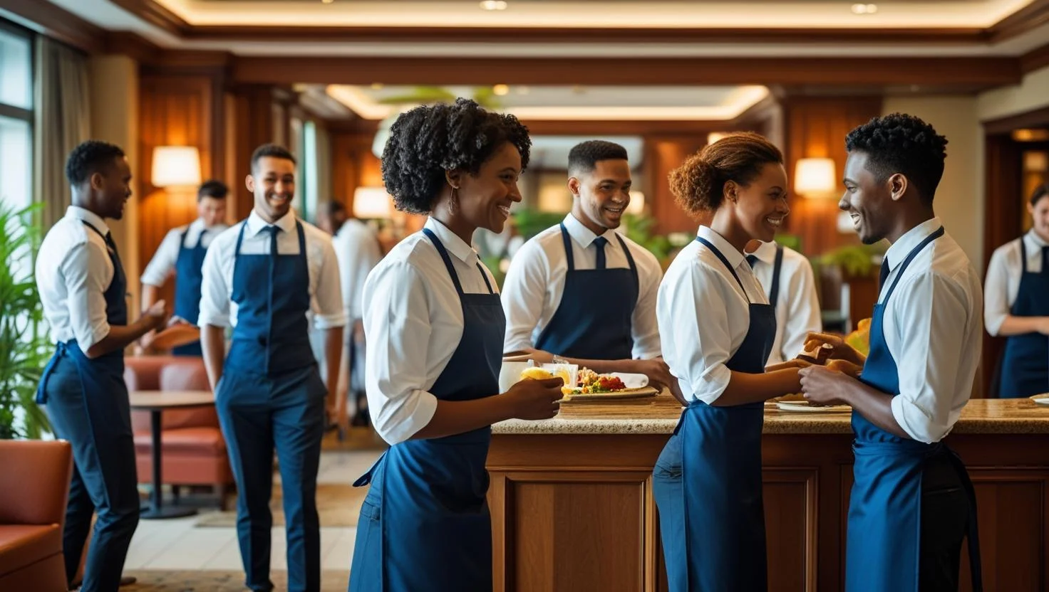 A hotel manager briefing his team in a modern hotel lobby.