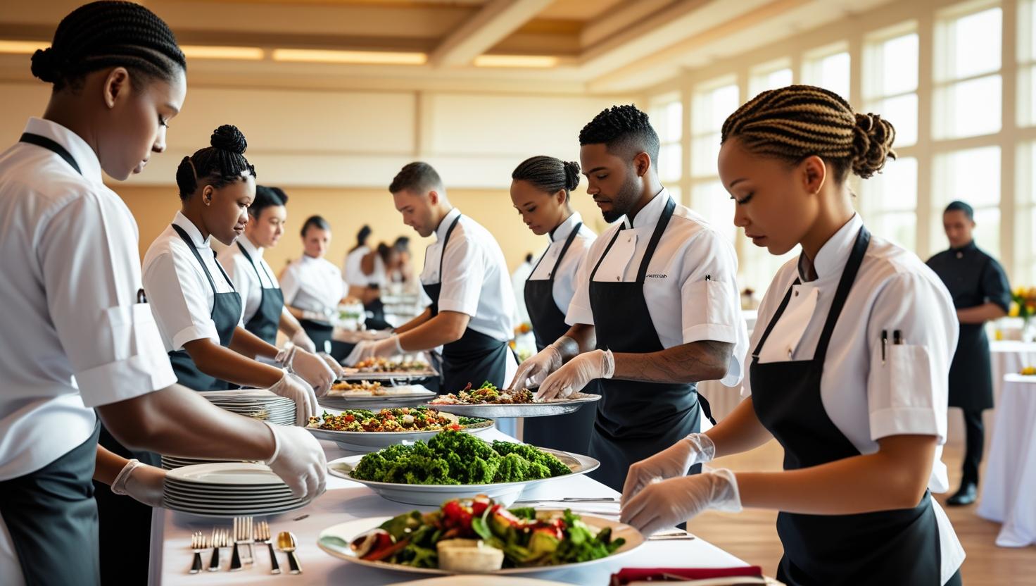 Catering staff being briefed by a supervisor before an event begins.
