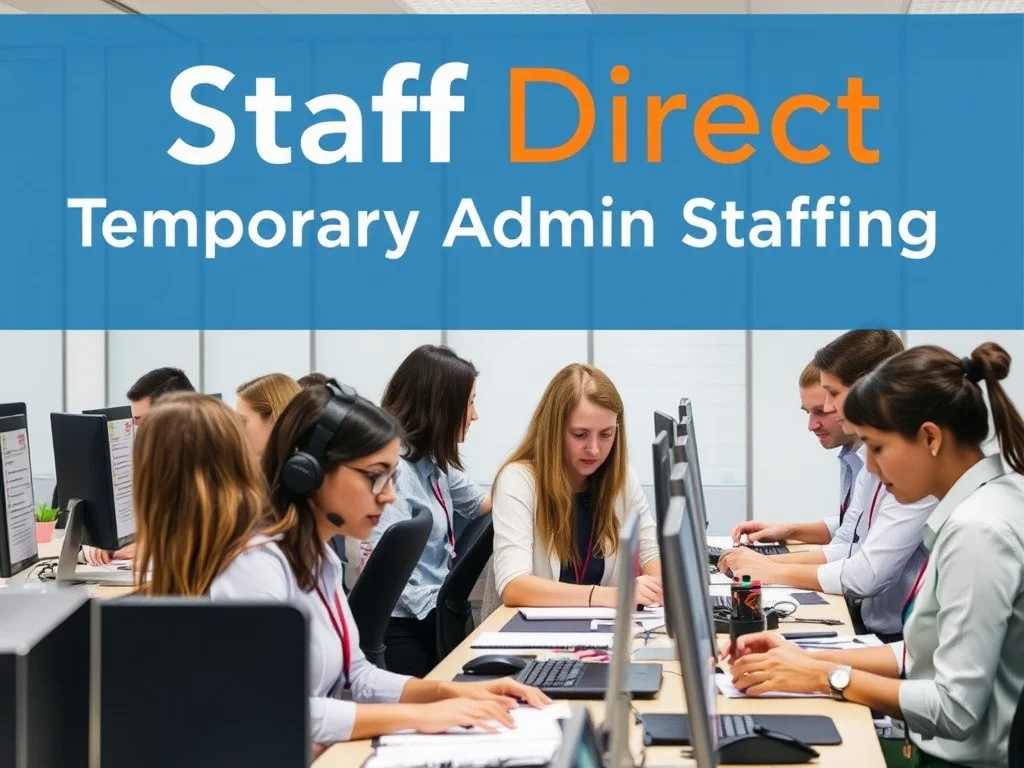 A group of administrative staff working in an office, with a banner that reads 'Staff Direct - Temporary Admin Staffing'