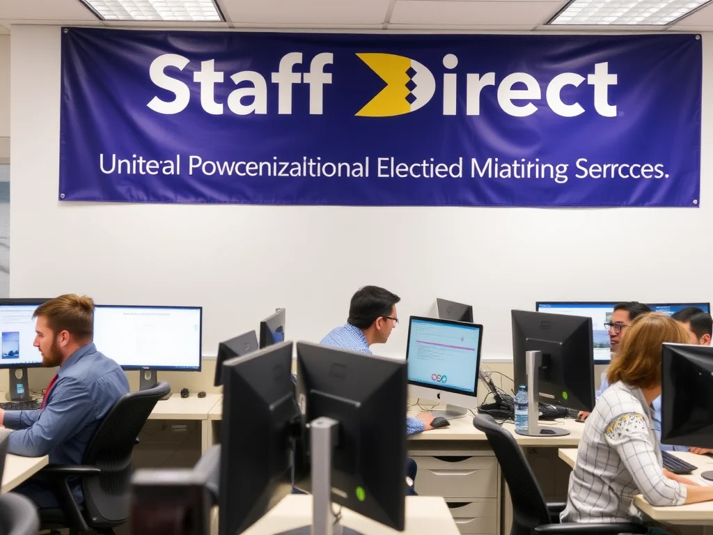A professional office with people working on computers and a banner that reads 'Staff Direct - Workforce Solutions & HR Services'