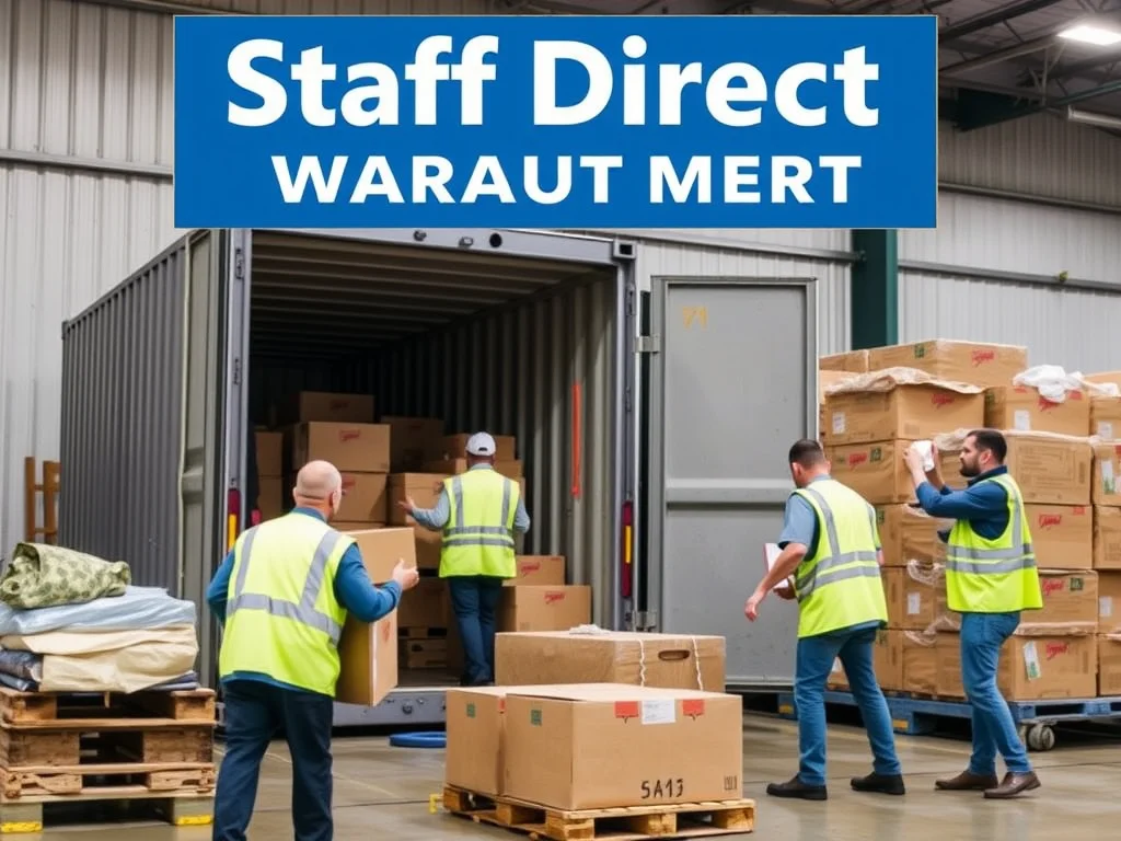 A group of warehouse workers loading and unloading goods, with a banner that reads 'Staff Direct - Warehouse Staff Recruitment'