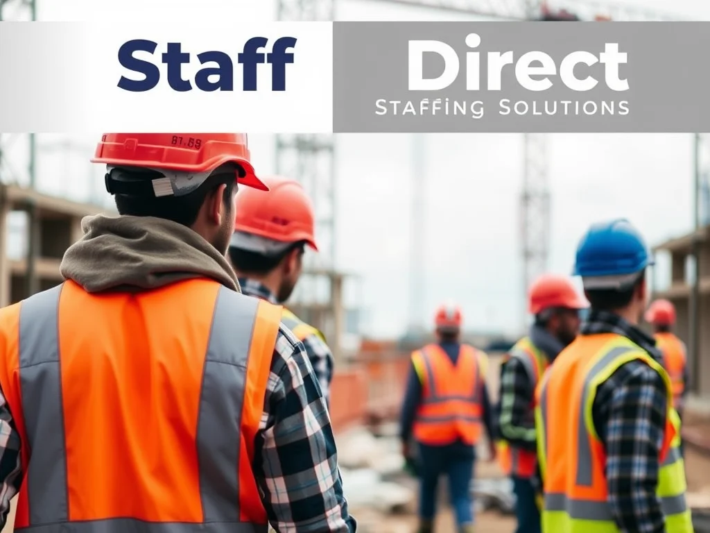 A construction site with workers in hard hats, with a banner that reads 'Staff Direct - Construction Staffing Solutions'