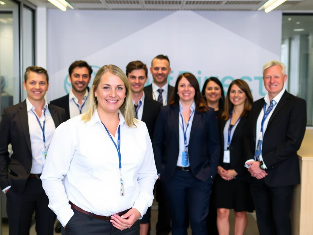A team of recruiters in a modern office setting, with a banner that reads 'Staff Direct - Recruitment and Staffing Solutions'