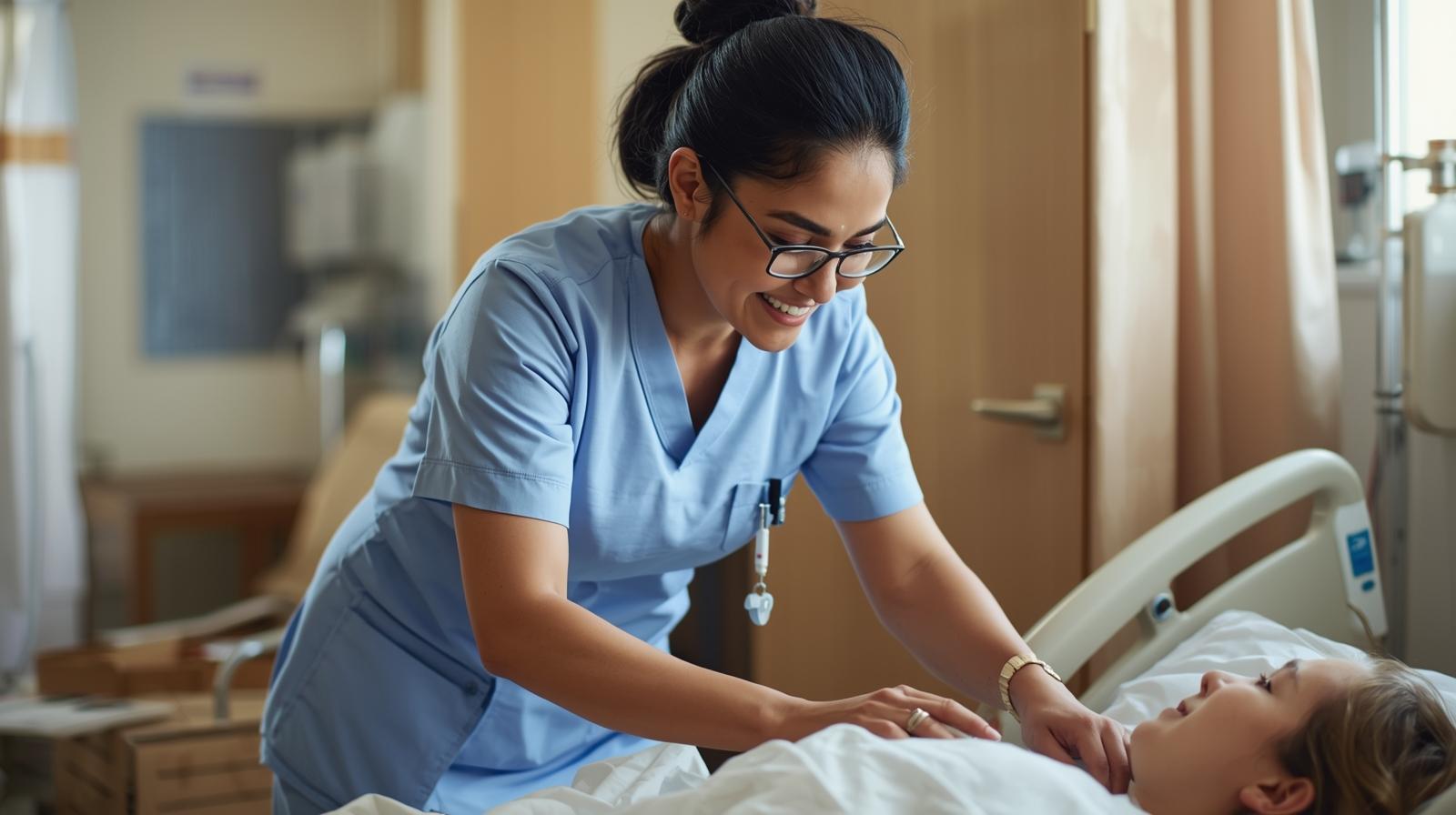 Two healthcare professionals, a male and a female nurse, engaged in a discussion in a bright, modern clinic setting.