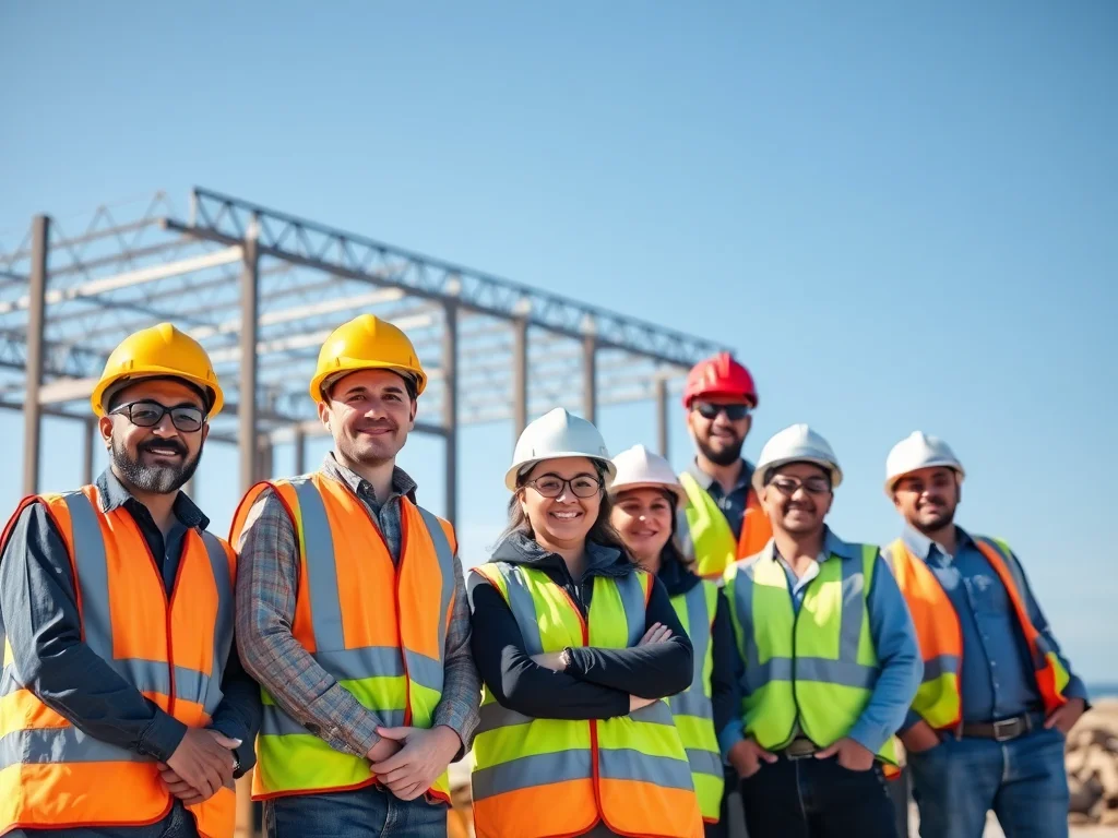 A diverse team of construction workers on a building site