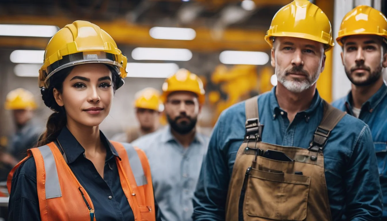 A diverse group of workers with various job tools and attire.