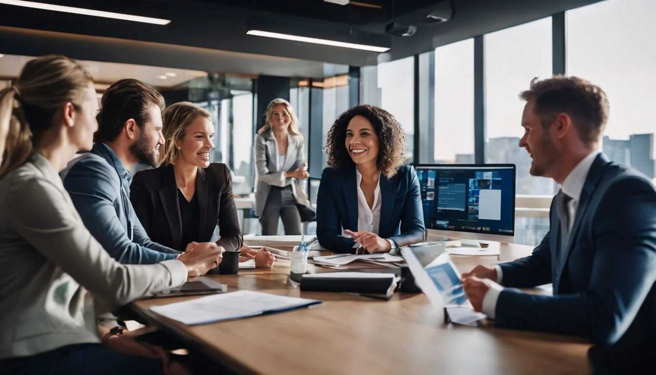 A diverse group of professionals collaborating in a well-lit office.