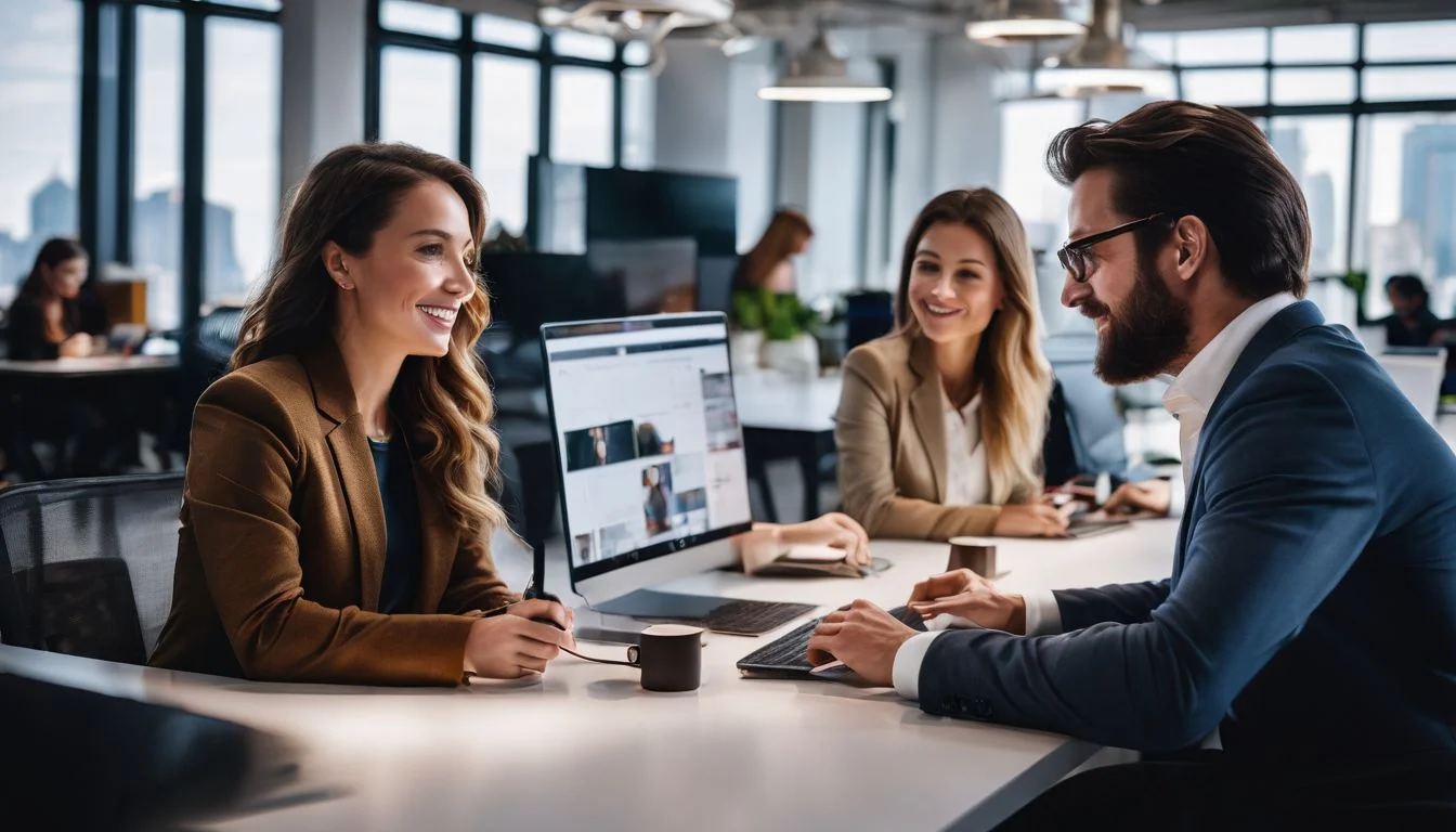 A diverse group of professionals collaborating in a modern office space.