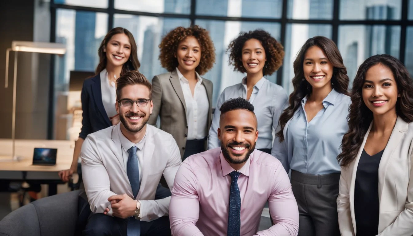 A diverse group of professionals in a modern office setting.