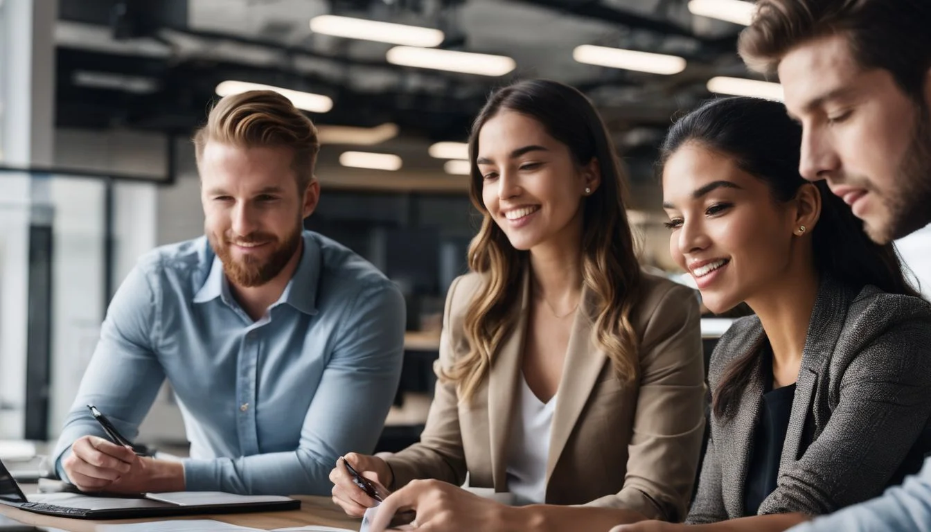 Employees from diverse backgrounds collaborating in a modern office space.