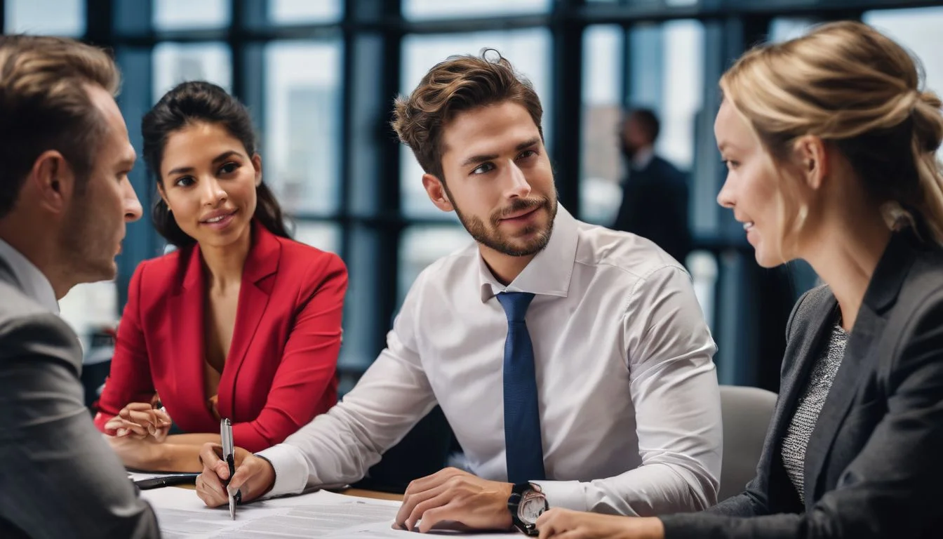 A diverse group of professionals discussing documents in an office setting.