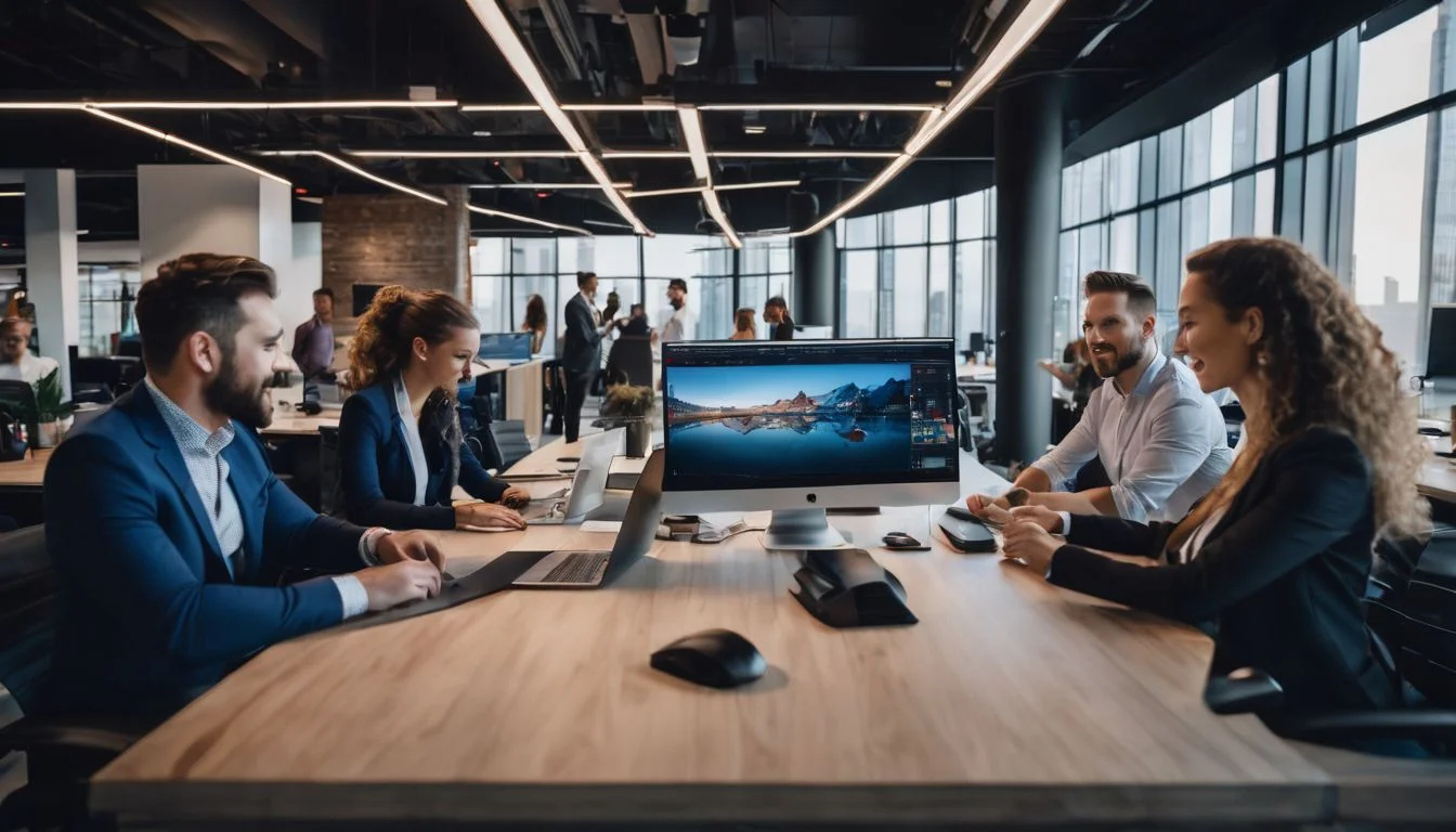 A diverse team of professionals collaborating in a modern office space.