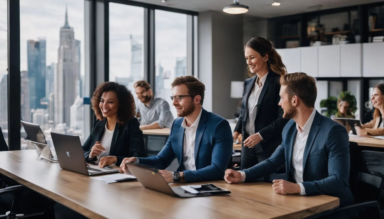 A diverse group of temporary staff collaborating in a modern office.