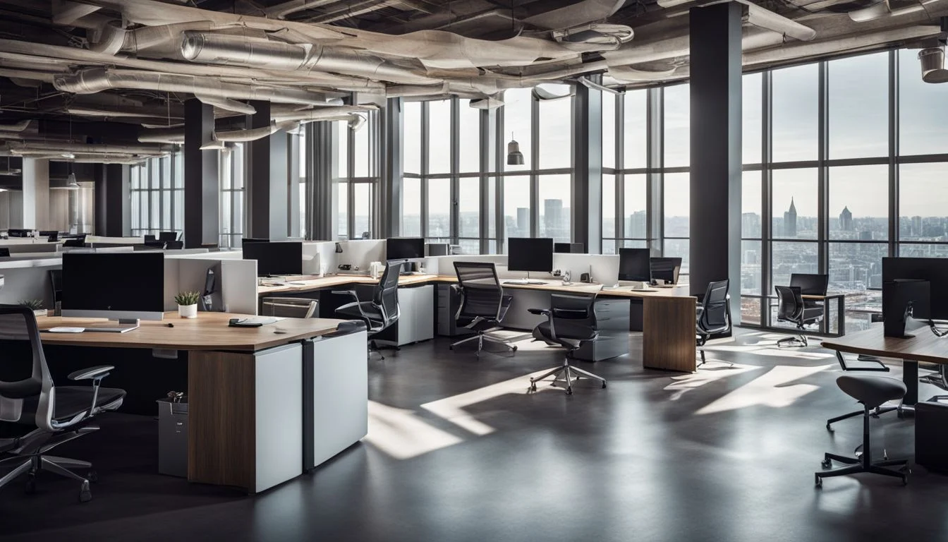 A modern office space with diverse people working in various outfits.