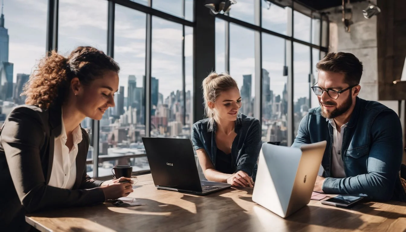 A diverse group of professionals working together in a bustling cityscape.