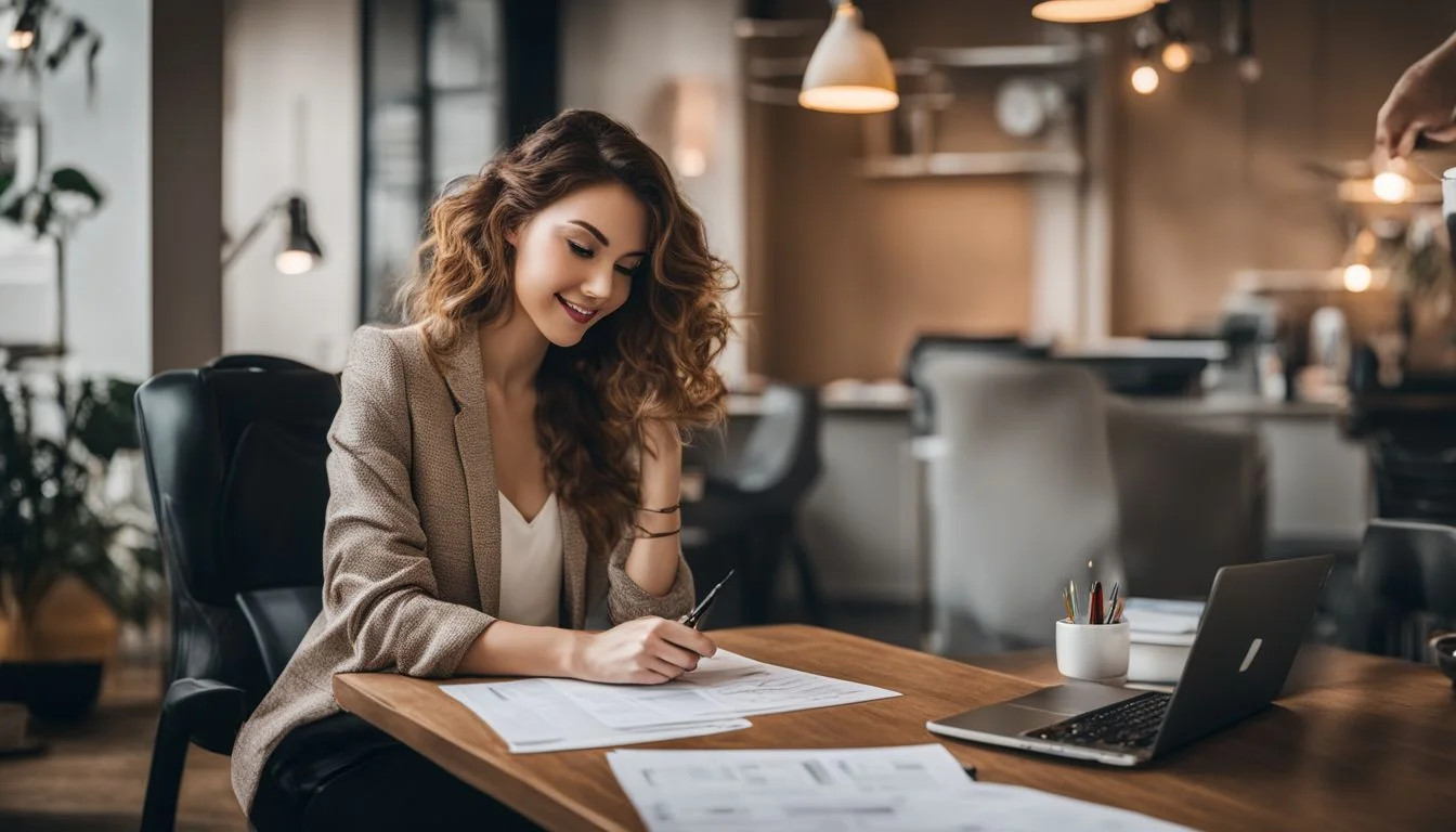 A young woman surrounded by job application forms and a laptop.