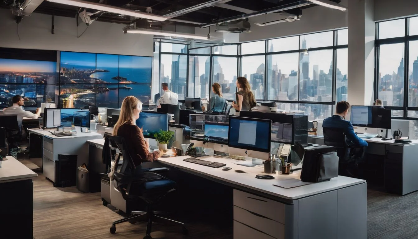A busy office space with diverse workers and modern technology.