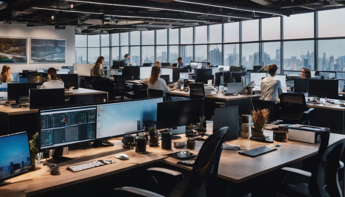 A busy office space with employees working in a well-lit environment.