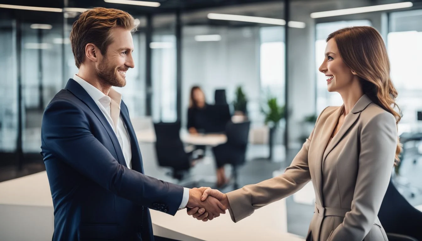 A businesswoman and businessman shake hands in a modern office setting.