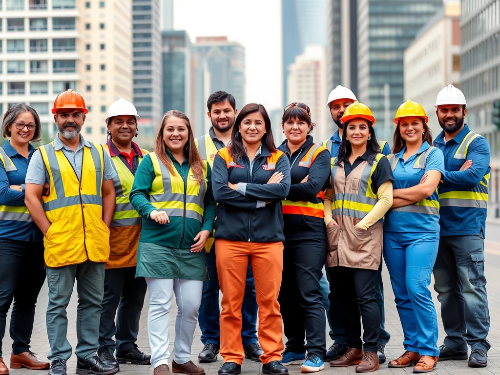 Diverse group of construction and cleaning staff confident in uniforms - CSCS Cleaners Recruitment Agency