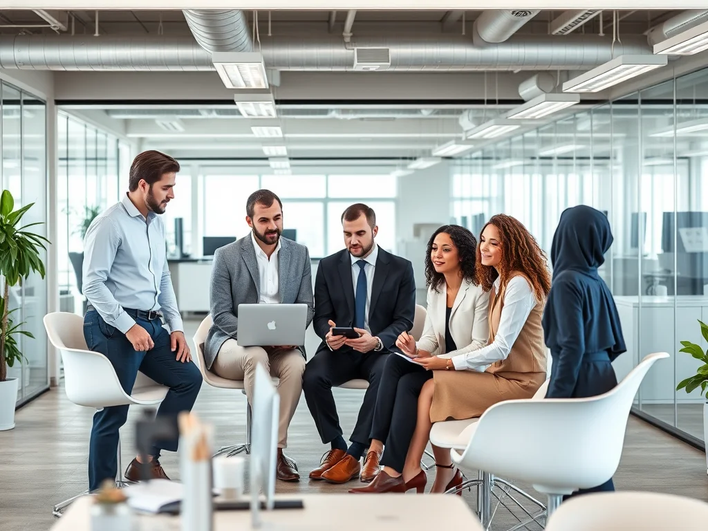 Professional team in an office setting discussing recruitment strategies. Modern office, diverse staff, business attire, technology in use. Bright, welcoming atmosphere.