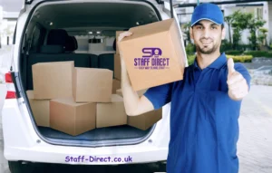a Staff Direct Courier holding a box in front of a van - Staff Direct The Best Courier Recruitment Agency in London