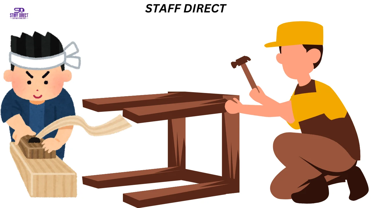 A carpenter using power tools to build a wooden structure