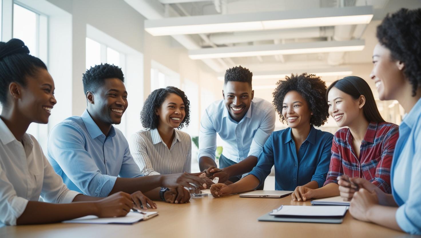 A diverse group of temporary staff members collaborating and smiling in a modern office, showcasing teamwork across sectors.