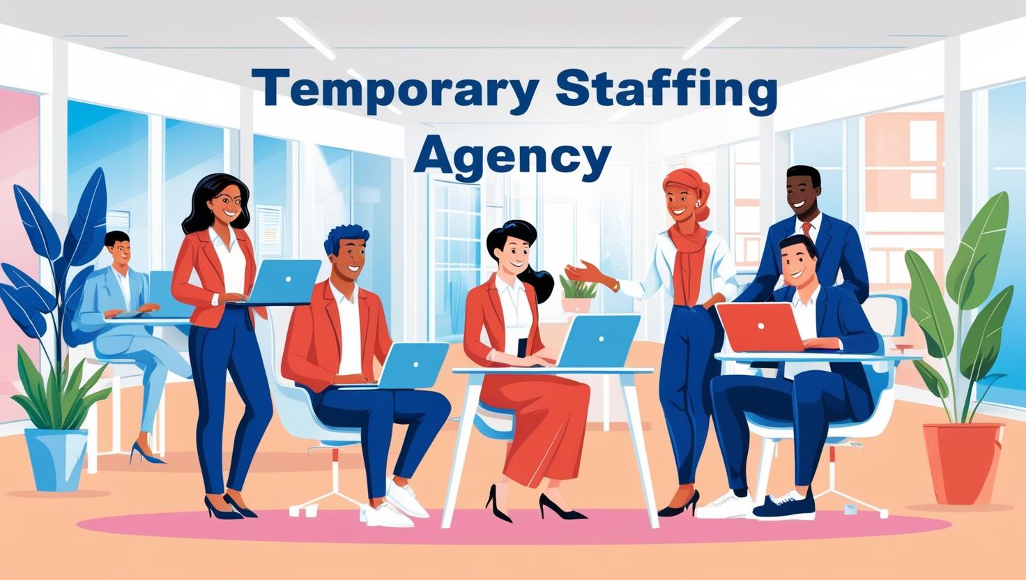 A diverse group of professional temporary staff members in a modern office environment.