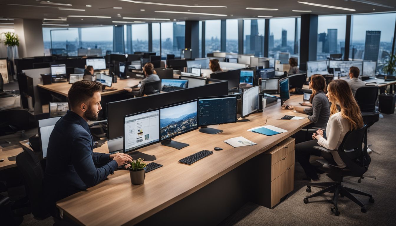 A team of recruiters working in a modern office setting.