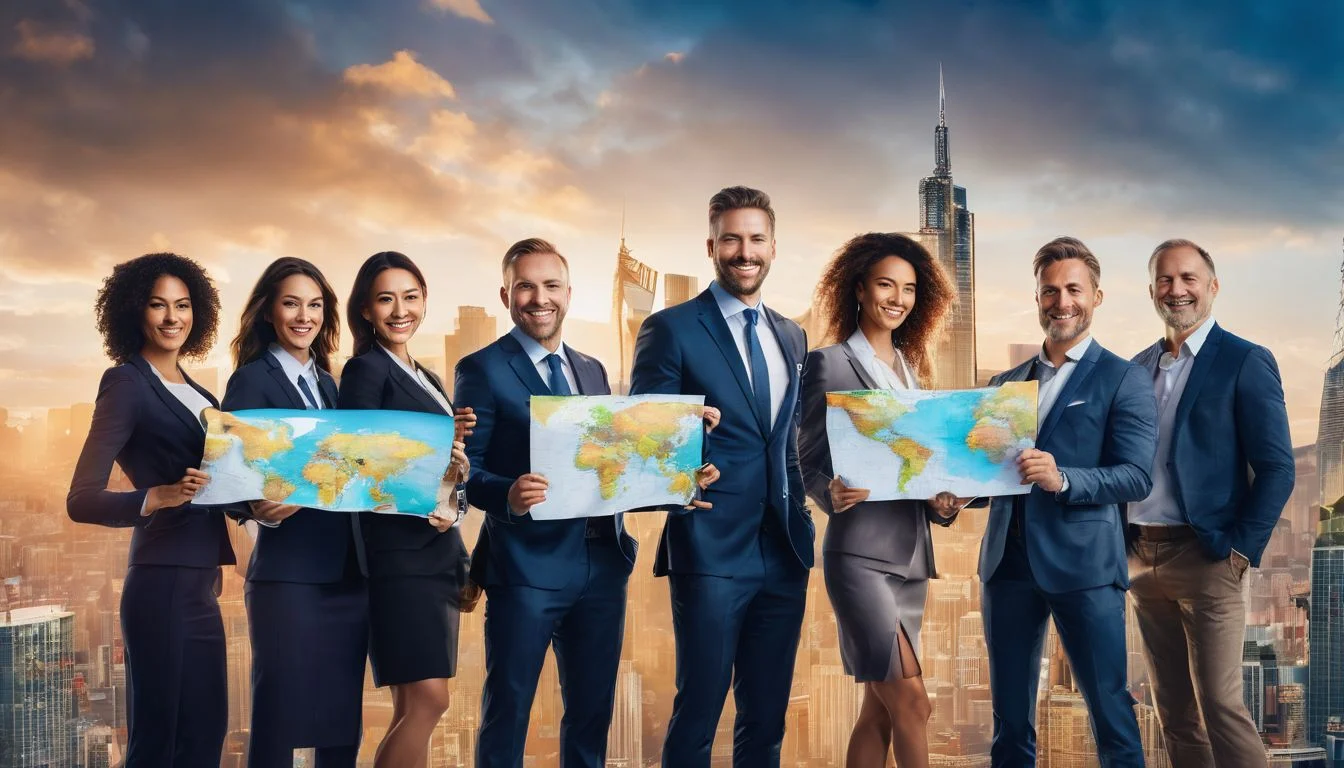 A diverse group of businessmen and women hold a world map. A diverse group of businessmen and women hold a world map.