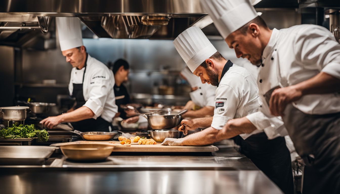 A group of chefs cooking in a busy restaurant kitchen.