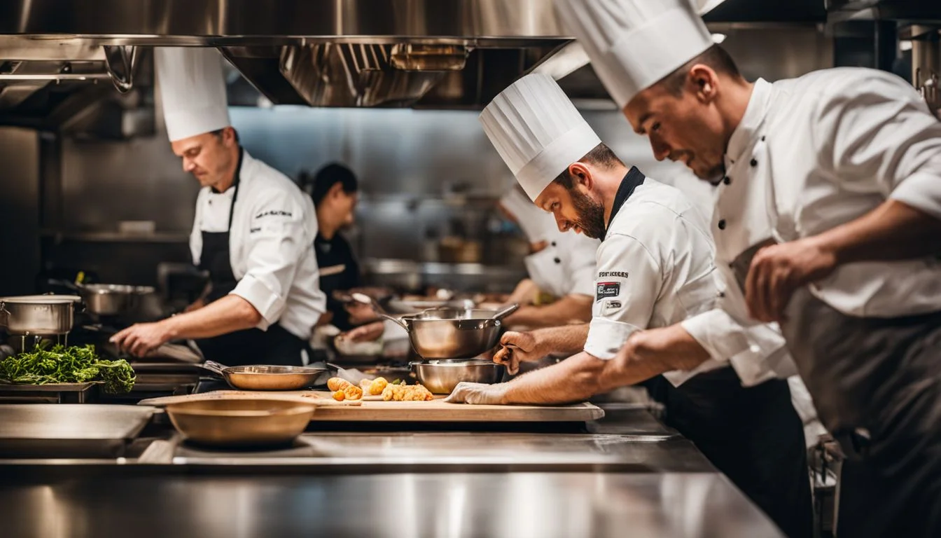A group of chefs cooking in a busy restaurant kitchen. A group of chefs cooking in a busy restaurant kitchen.