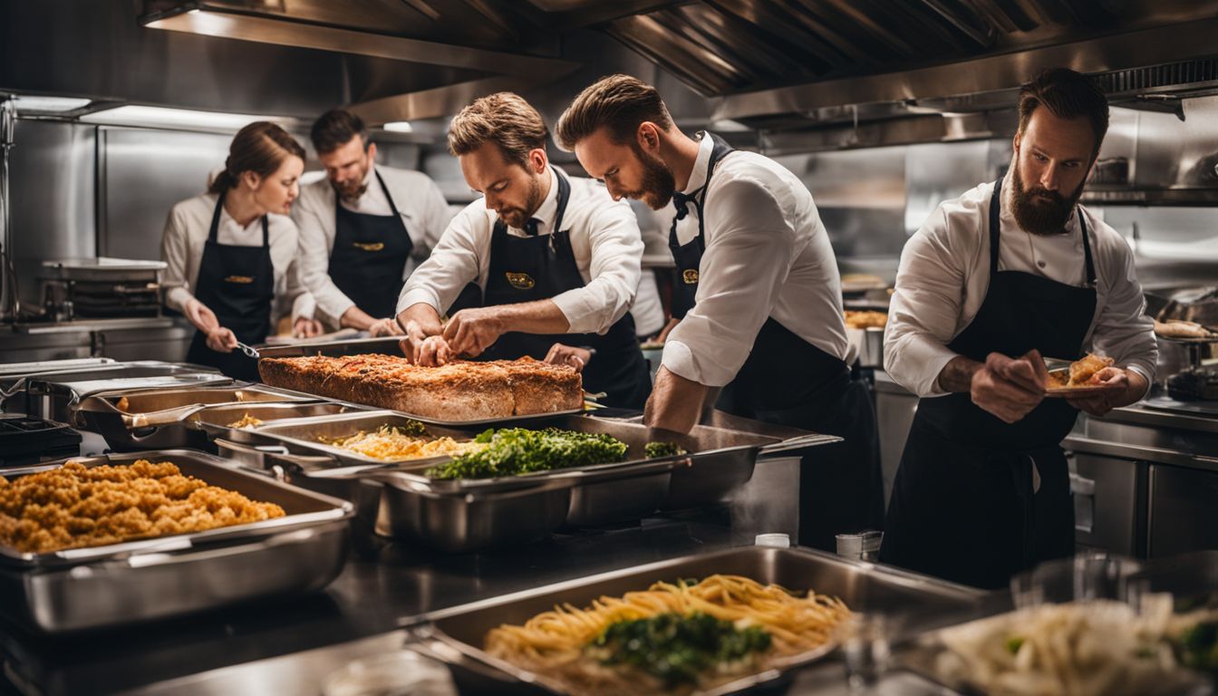A team of catering staff serving food in a bustling atmosphere.
