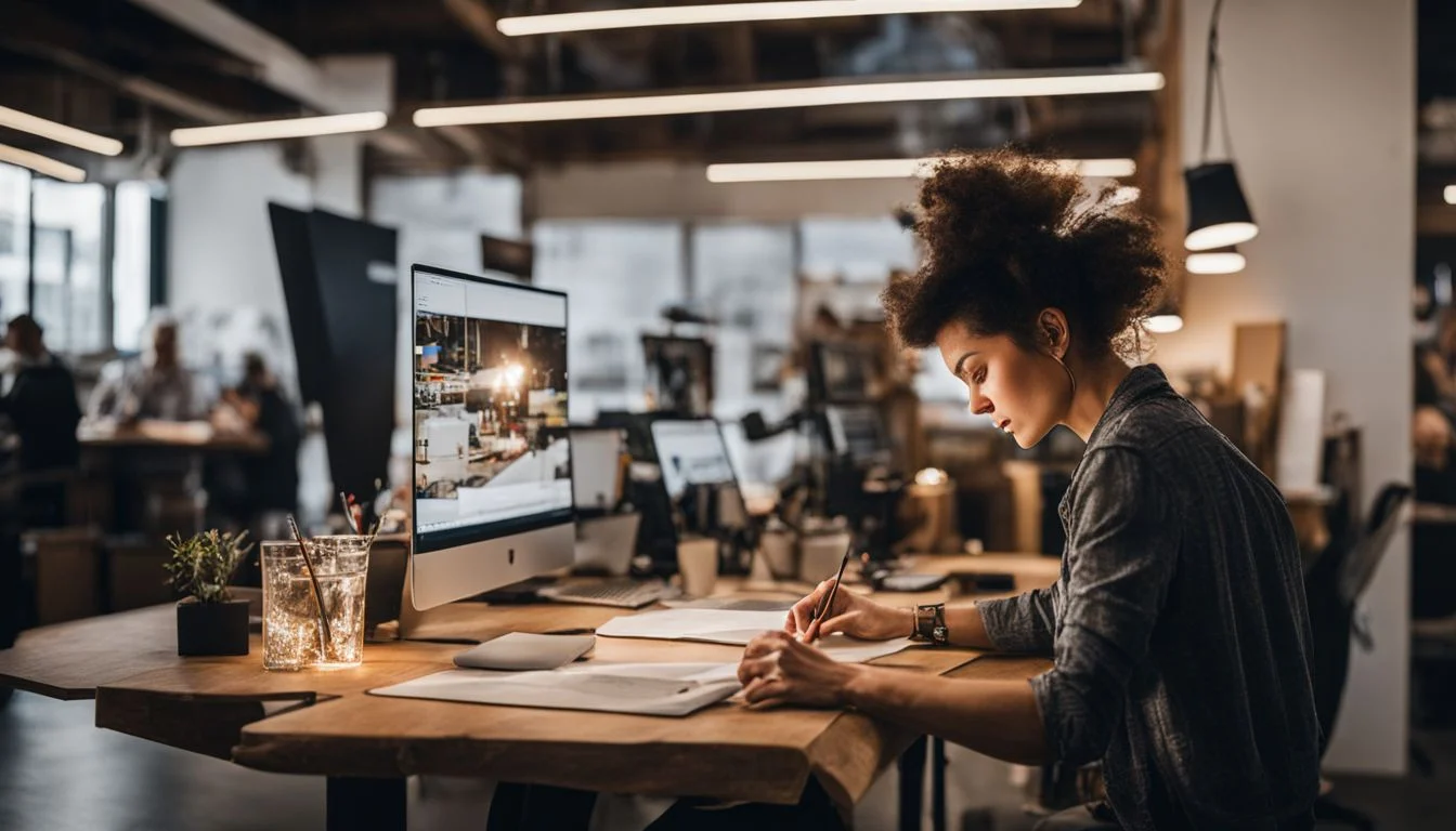 An artist working on a creative project in a modern co-working space. An artist working on a creative project in a modern co-working space.