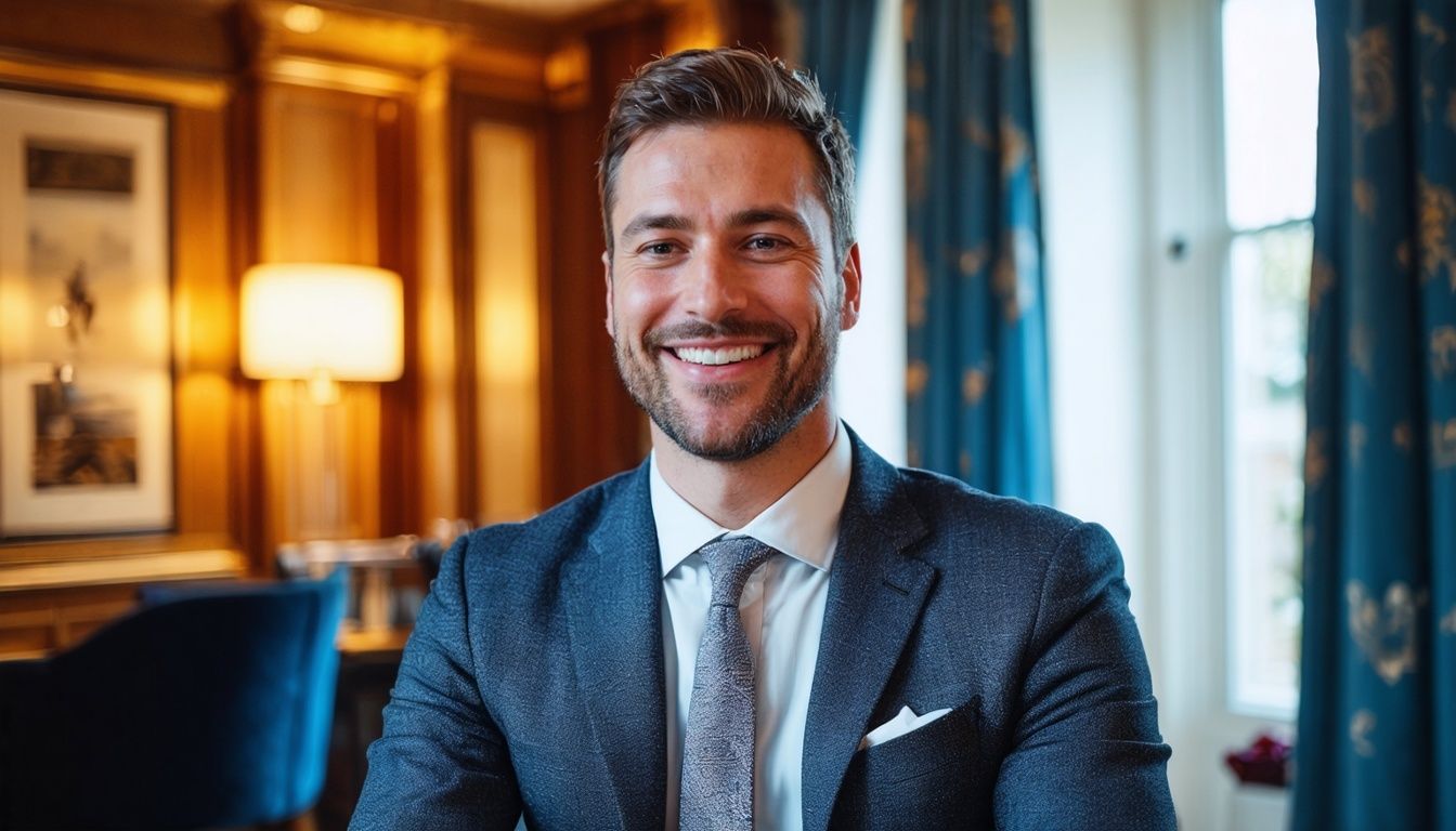 A well-dressed man confidently attends a job interview at a high-end hotel.