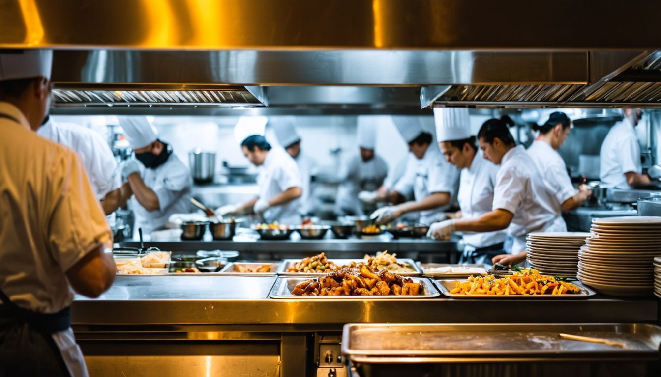 A busy restaurant kitchen showing efficient Caucasian chefs working quickly.