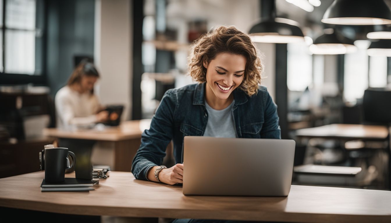 A person smiling while filling out an online form in an office.