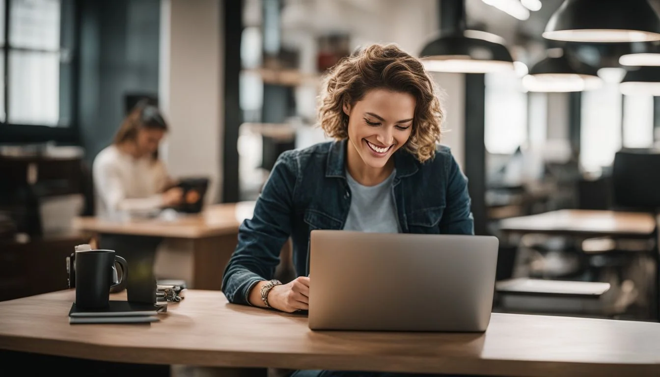 A person smiling while filling out an online form in an office. A person smiling while filling out an online form in an office.