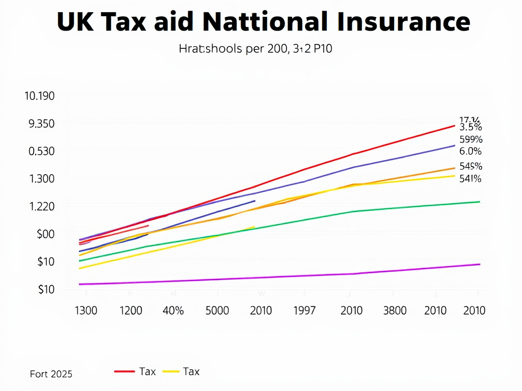 Line graph showing UK tax and National Insurance thresholds for 2025, with income levels on x-axis and tax percentages on y-axis, indicating different tax bands with different colored lines