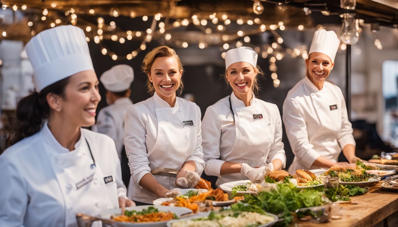 A diverse group of catering staff working together at a bustling event.