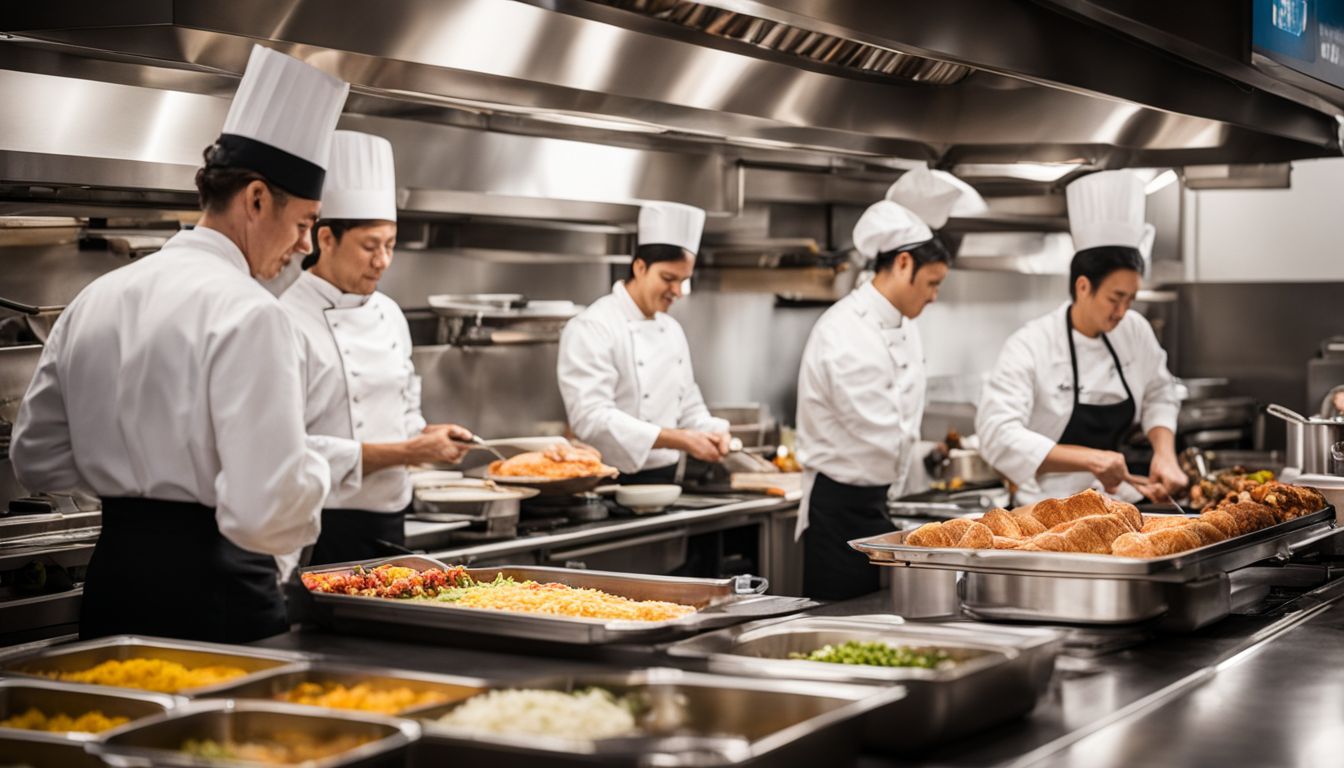A bustling and diverse kitchen filled with catering staff at work.